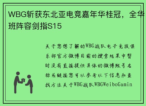 WBG斩获东北亚电竞嘉年华桂冠，全华班阵容剑指S15
